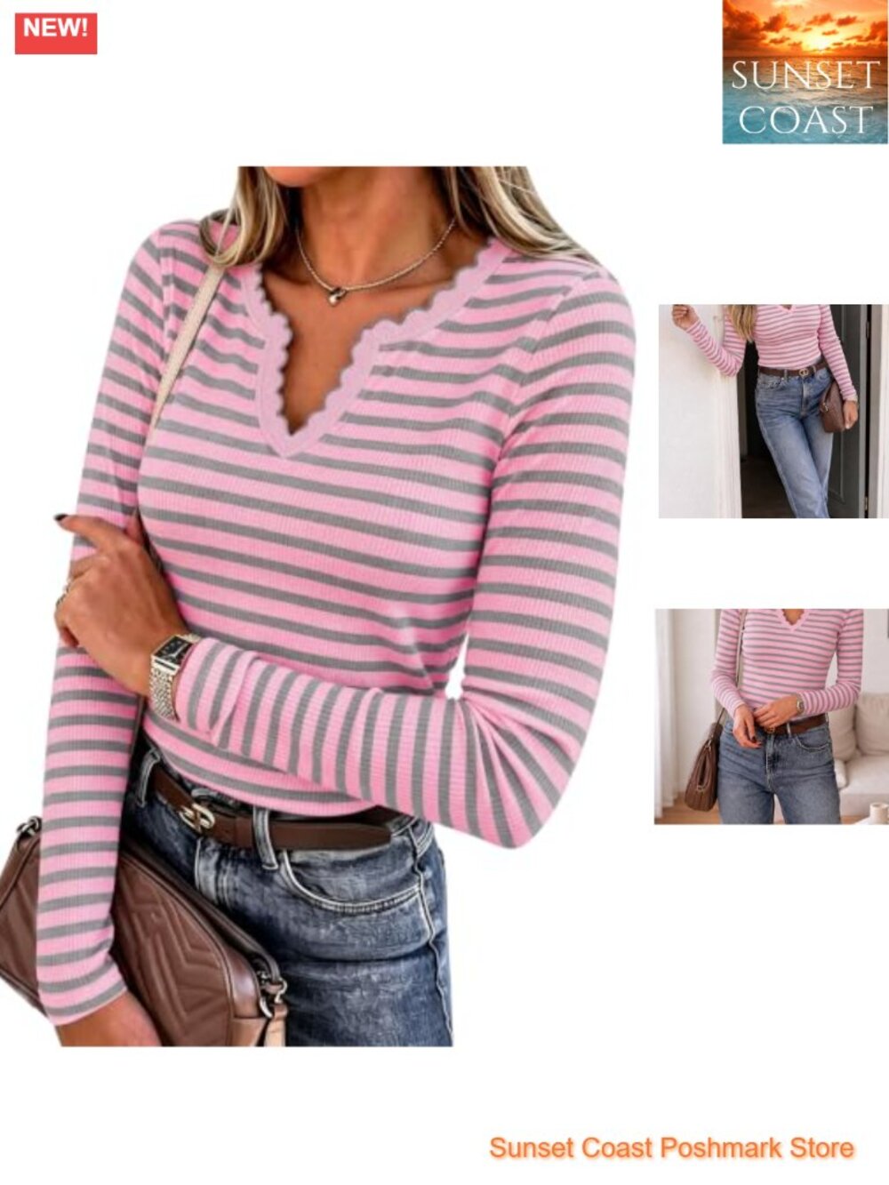 Striped Sweater Polo V Neck Long Sleeve Pullover Knit Top Ribbed Slim Fit